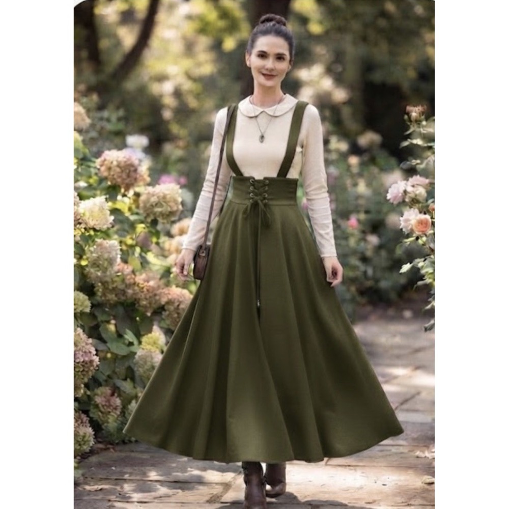 Pinafore Solid Olive Dress for Women A Line Suspender Skirt NEW Size M